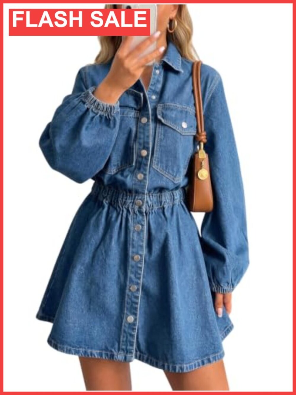 Wenrine Button Down Denim Mini Dress Long Sleeve Puff Sleeve High Waist